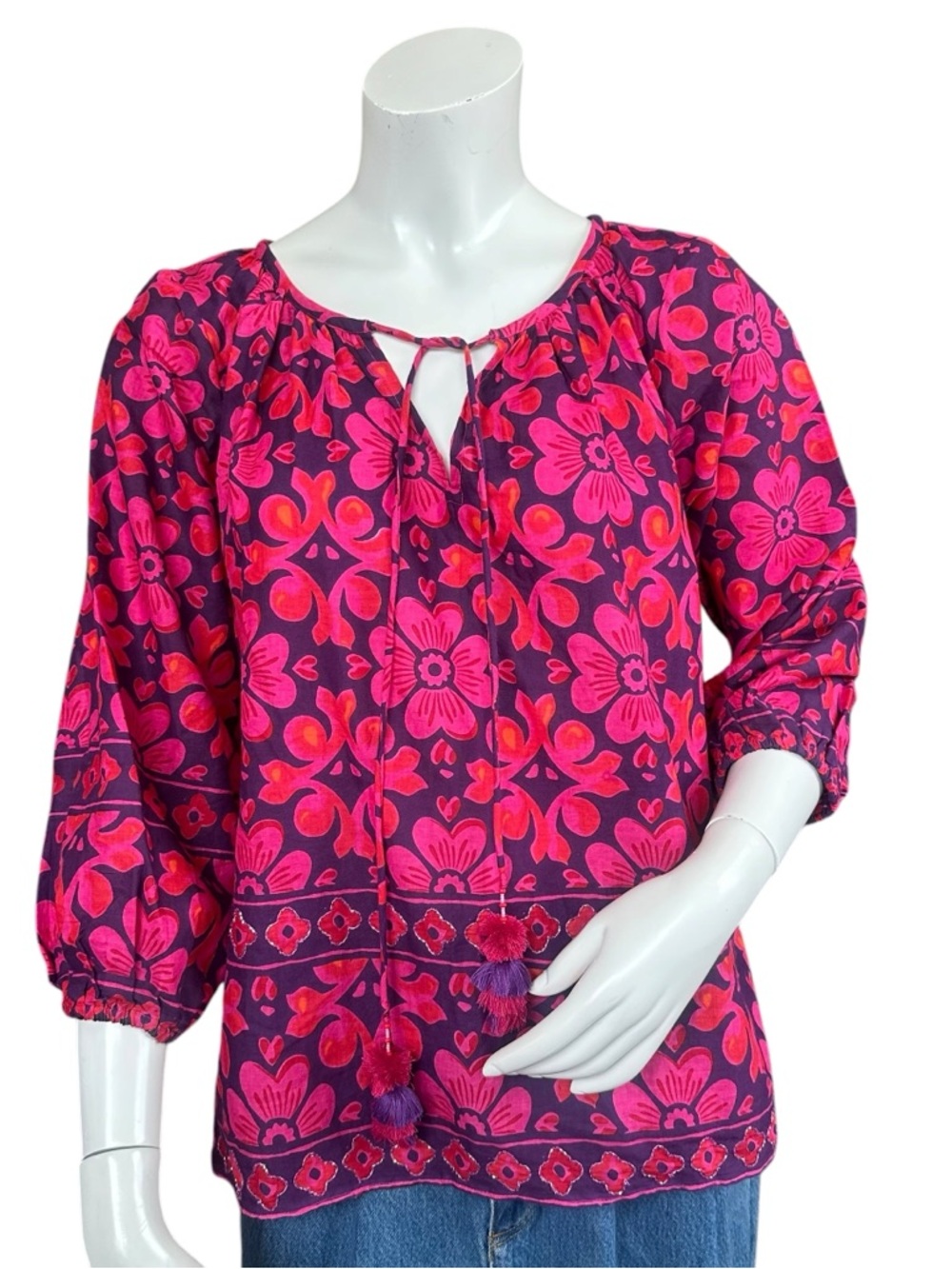 Just Bellina Purple And Pink Floral Tassel Boho Floral Long Sleeve Blouse Small